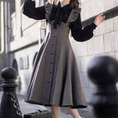 Retro Woolen Skirt Bow Blouse Set