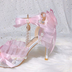Pink Butterfly Lace Bow Heels Shoes