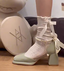 Lace Beaded Bow Chunky Heels Shoes