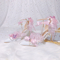 Pink Butterfly Lace Bow Heels Shoes
