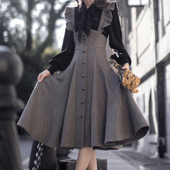 Retro Woolen Skirt Bow Blouse Set