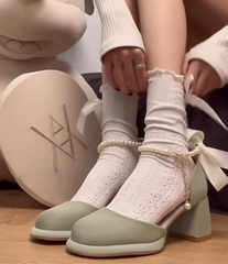 Lace Beaded Bow Chunky Heels Shoes