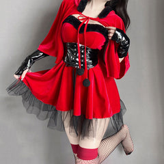 Black Belted Red Velvet Dress Set
