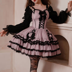 Black Lace Bow Rose Flower Dress