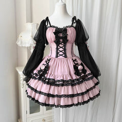 Black Lace Bow Rose Flower Dress