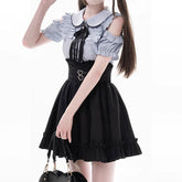 Bow Off Shoulder Blouse Black Skirt Set