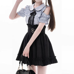 Bow Off Shoulder Blouse Black Skirt Set