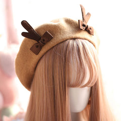 Cute Deer Horn Wool Berets Bowknot Cap
