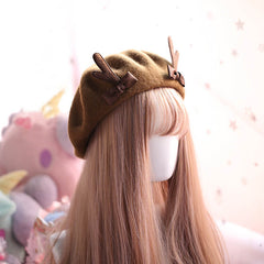 Cute Deer Horn Wool Berets Bowknot Cap