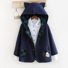 Cute Grid Cat Ear Hoodie Cape Coat