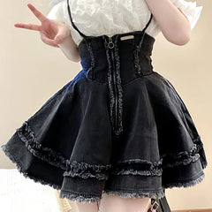 Grey Denim Suspenders Skirt