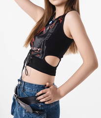 Star Print Side Cutout Tie Crop Tank Top