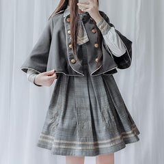 Embroidered Plaid Dress Woolen Cloak Set