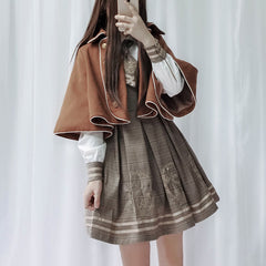 Embroidered Plaid Dress Woolen Cloak Set
