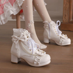 Lace Bow Beaded Heel Shoes