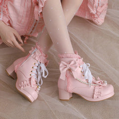 Lace Bow Beaded Heel Shoes