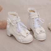 Lace Bow Beaded Heel Shoes