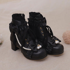 Lace Bow Beaded Heel Shoes