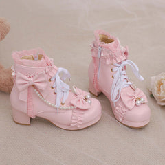 Lace Bow Beaded Heel Shoes