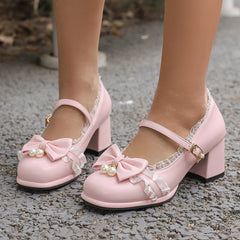 Lace Bow Buckle Heel Shoes