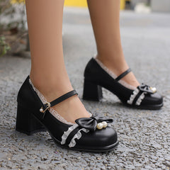Lace Bow Buckle Heel Shoes