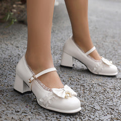Lace Bow Buckle Heel Shoes