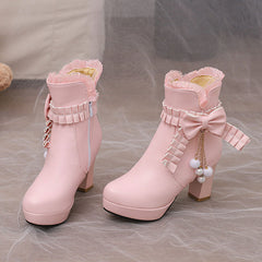 Lace Bow Heels Chunky Shoes