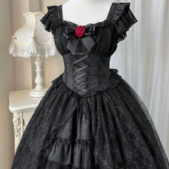 Lace Bow Rose Black Dress