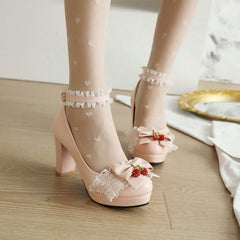Lace Bow Strawberry Heels Shoes