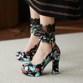 Lace Floral Chunky Heels Shoes