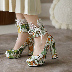 Lace Floral Chunky Heels Shoes