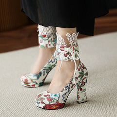 Lace Floral Chunky Heels Shoes