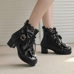 Lace Flower Bow Pocket Heel Shoes