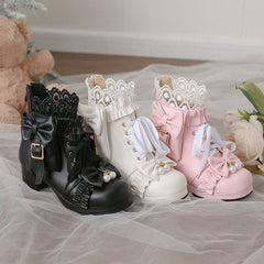 Lace Flower Bow Pocket Heel Shoes