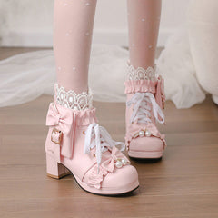Lace Flower Bow Pocket Heel Shoes