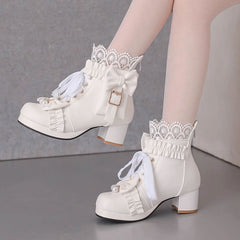 Lace Flower Bow Pocket Heel Shoes