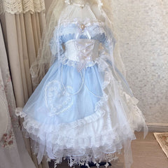 Lace Mesh Bow Off Shoulder Blue Dress