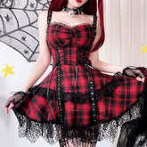 Lace Red Plaid Suspenders Dress