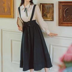 Lace Shirt Striped Suspender Skirt Set