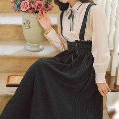 Lace Shirt Striped Suspender Skirt Set