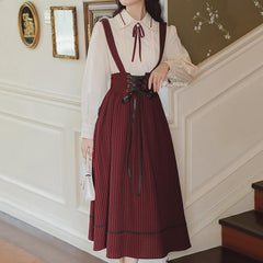 Lace Shirt Striped Suspender Skirt Set