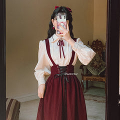 Lace Shirt Striped Suspender Skirt Set