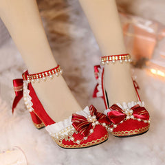 Lolita Lace Bow Red Heels Shoes
