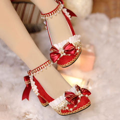 Lolita Lace Bow Red Heels Shoes