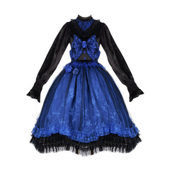 Lolita Blue Floral Lace Black Dress