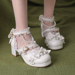 Lolita Bow Beaded Lace Heels Shoes