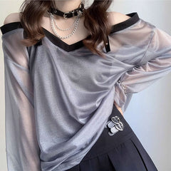 Mesh Leather Button Top