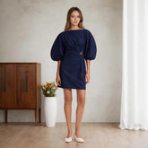 Puff Sleeves One-shoulder Neck Faux Denim Dress