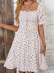 Printed Flower Waist Square Neck Ruffle Dress