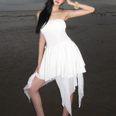 Solid color tube top irregular lace dress